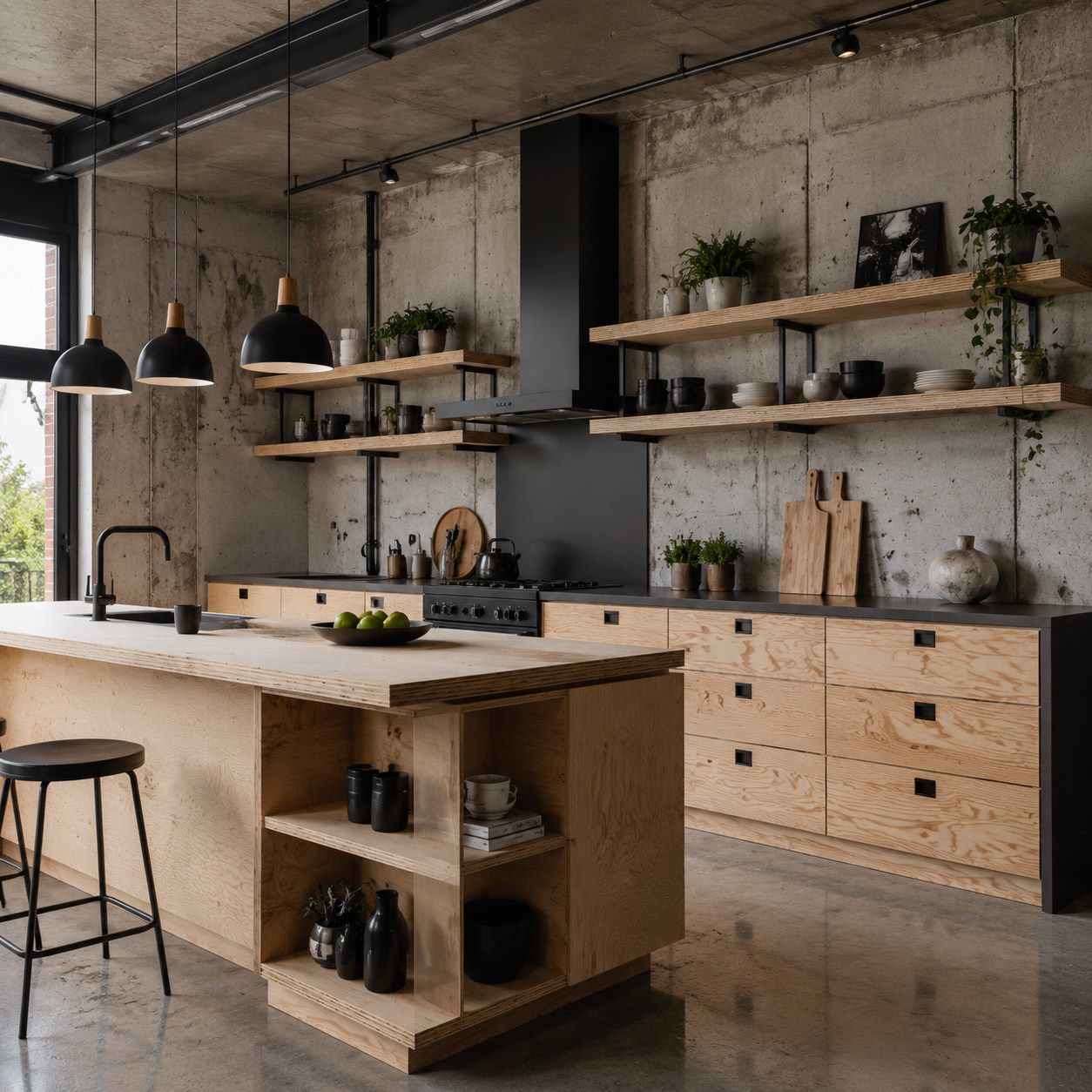 Кухня лофт из фанеры: открытые полки, металл и фанерные фасады